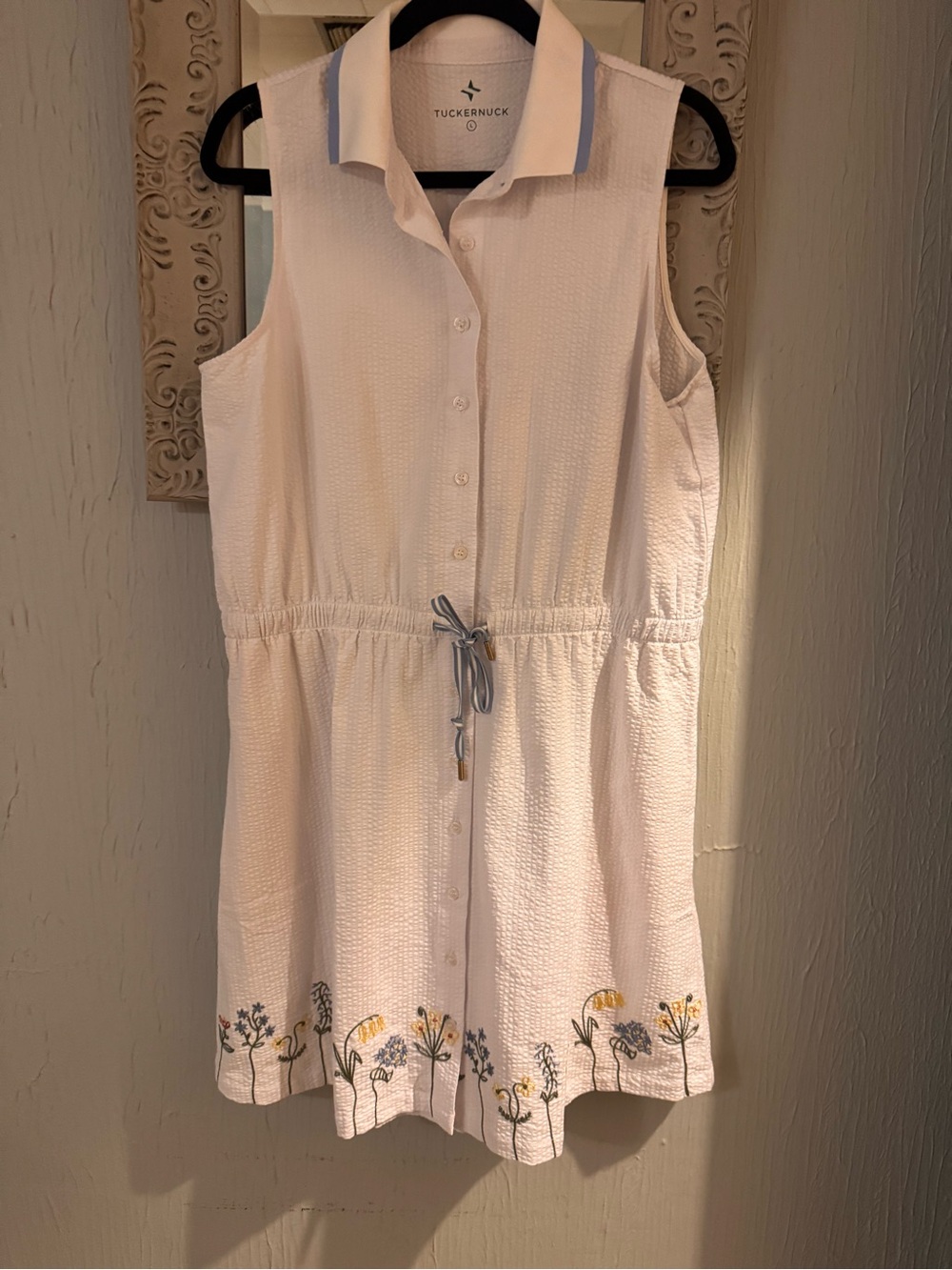 Tuckernuck White Sleeveless Button-Front Mini Dress with Floral Embroidery